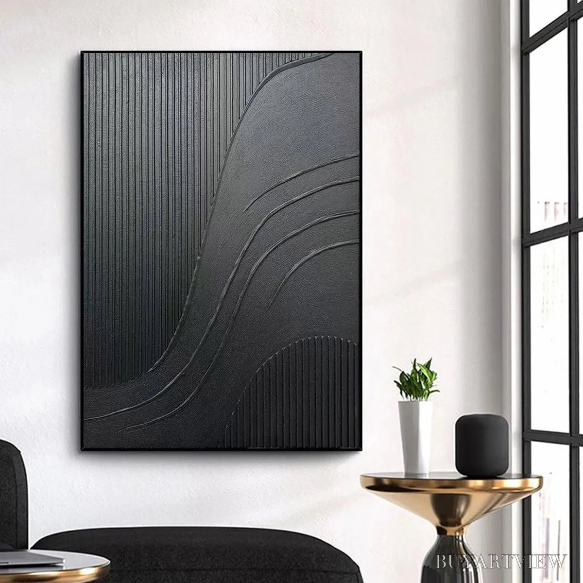 ARTOVITAS Black Textured Curves – Minimalist Textured Abstract Painting - image 2