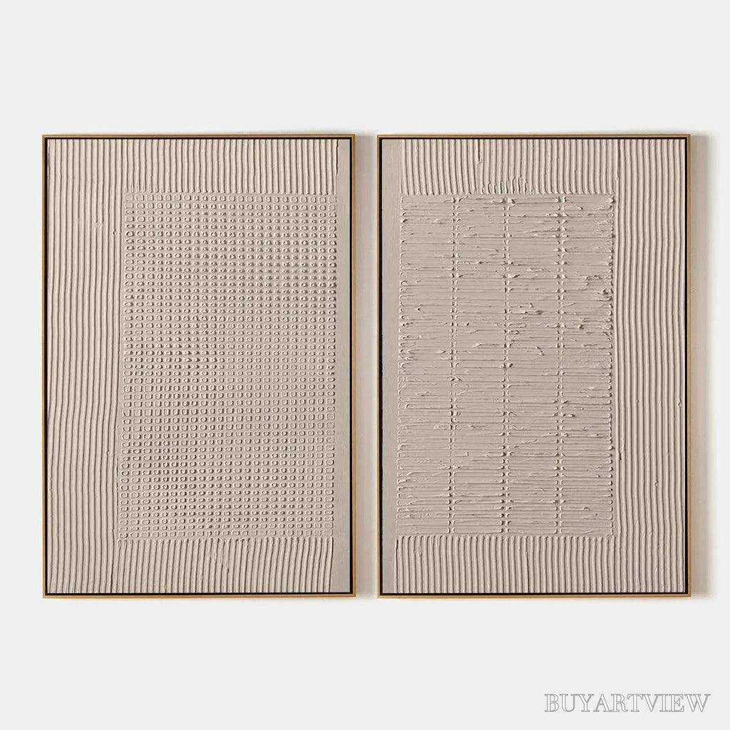 ARTOVITAS Textured Grid Duo – Set of 2 Textured Abstract Paintings in Beige - image 1