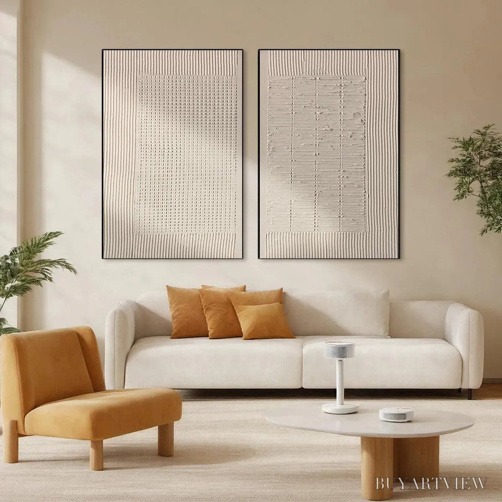 ARTOVITAS Textured Grid Duo – Set of 2 Textured Abstract Paintings in Beige - image 2