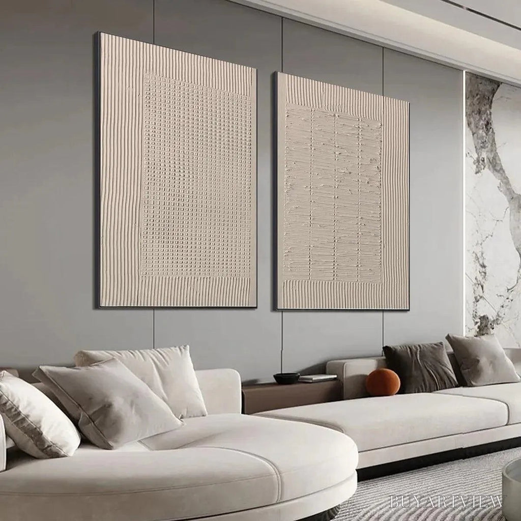 ARTOVITAS Textured Grid Duo – Set of 2 Textured Abstract Paintings in Beige - image 4