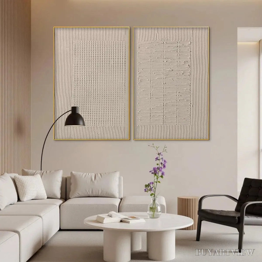 ARTOVITAS Textured Grid Duo – Set of 2 Textured Abstract Paintings in Beige - image 5
