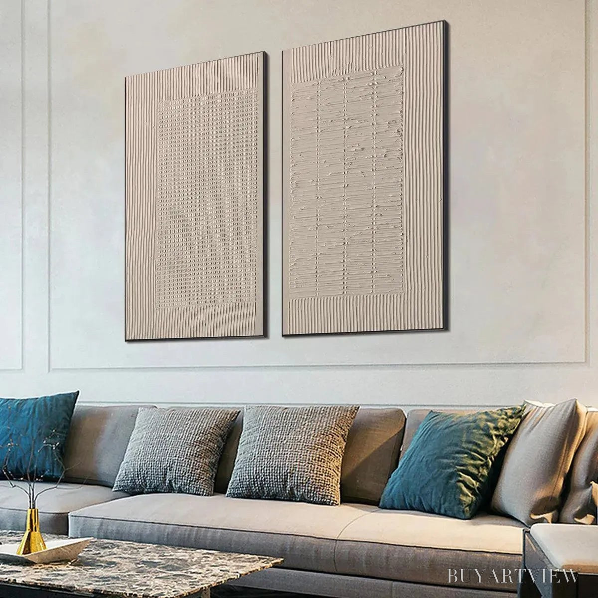 ARTOVITAS Textured Grid Duo – Set of 2 Textured Abstract Paintings in Beige - image 6
