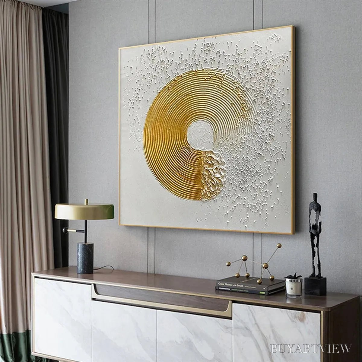 ARTOVITAS Golden Harmony – Textured Gold and White Abstract Painting, Square - image 2