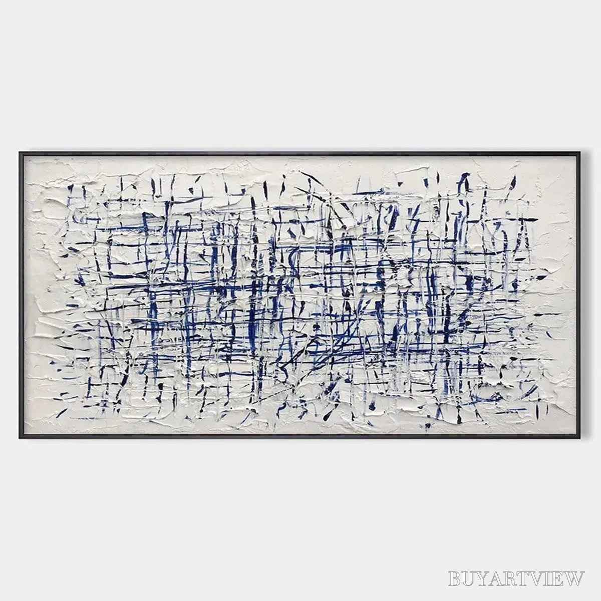 ARTOVITAS Blue Grid – Textured Minimalist Abstract Painting in Blue and White - image 1