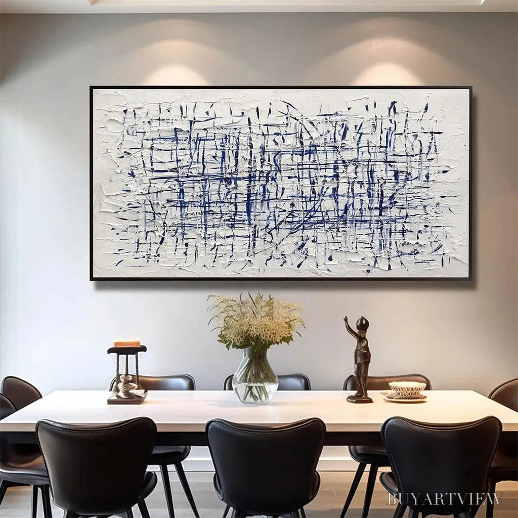 ARTOVITAS Blue Grid – Textured Minimalist Abstract Painting in Blue and White - image 2