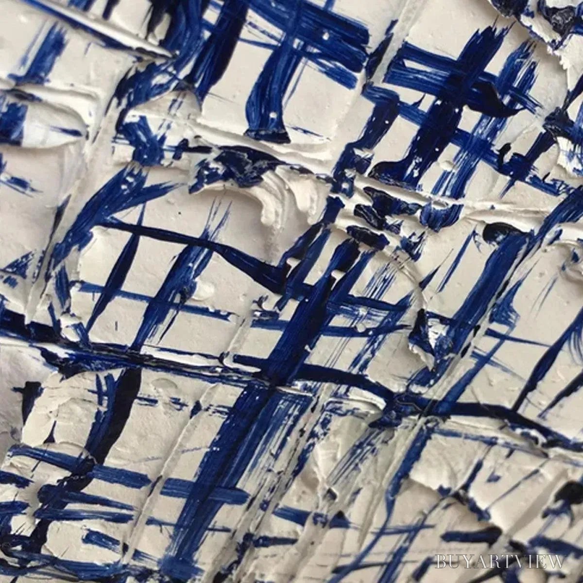 ARTOVITAS Blue Grid – Textured Minimalist Abstract Painting in Blue and White - image 3
