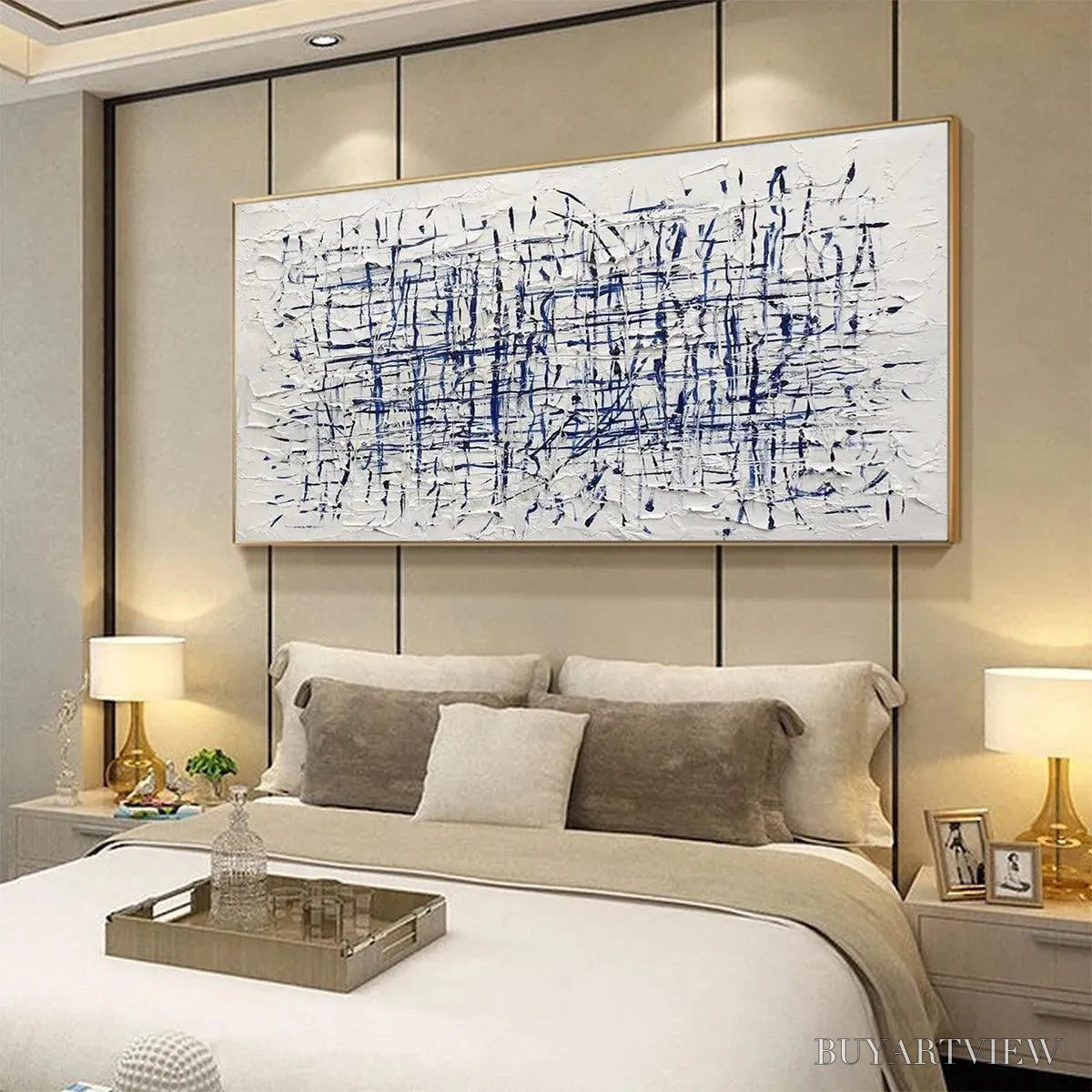 ARTOVITAS Blue Grid – Textured Minimalist Abstract Painting in Blue and White - image 6