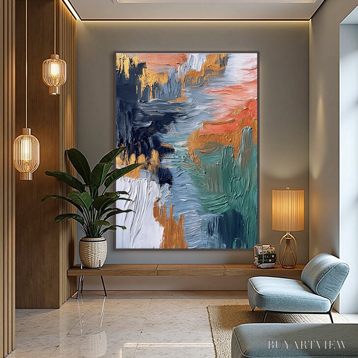 ARTOVITAS Ethereal Cascade – Textured Vertical Abstract Art with Gold Accents - image 4