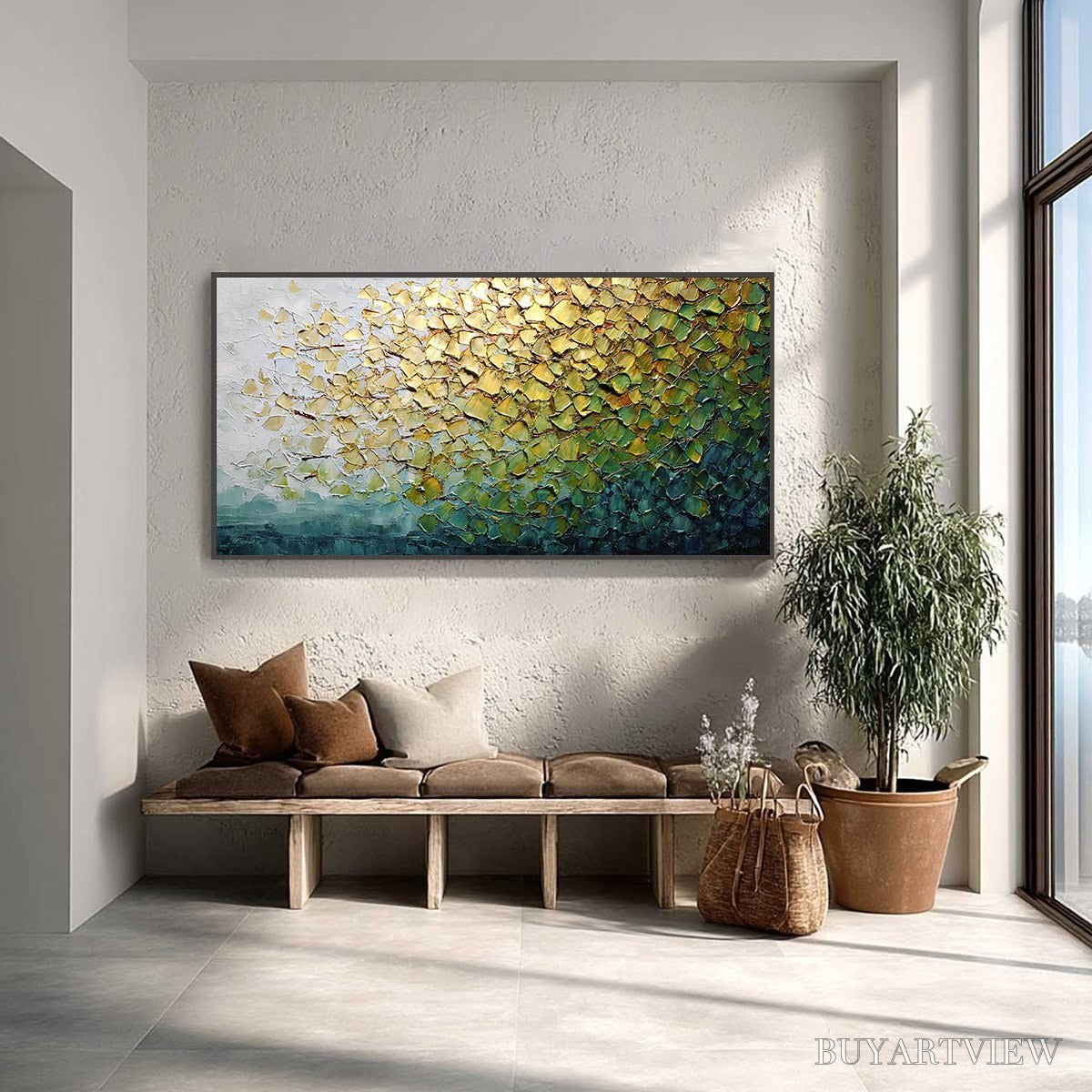 ARTOVITAS Golden Canopy – Heavily Textured Gold & Green Abstract Impasto Painting - image 2
