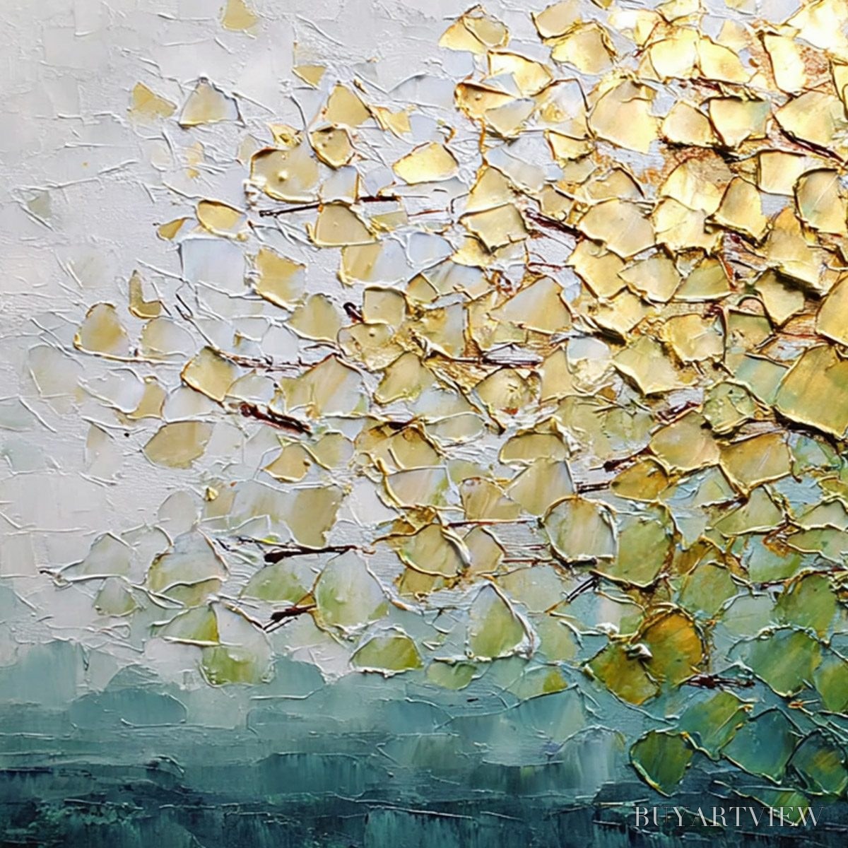 ARTOVITAS Golden Canopy – Heavily Textured Gold & Green Abstract Impasto Painting - image 3