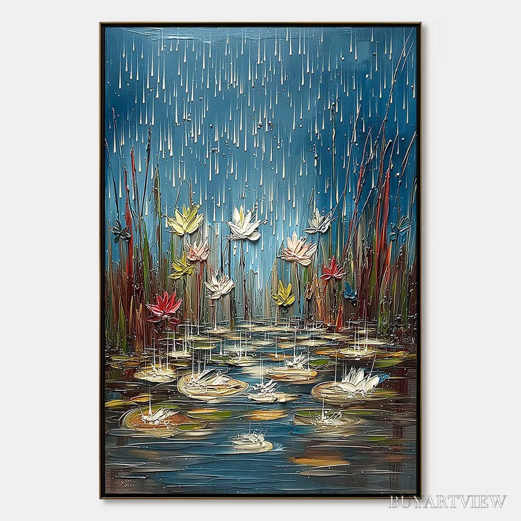 ARTOVITAS Petrichor Blossoms – Textured Impasto Painting of Water Lilies in the Rain - image 1