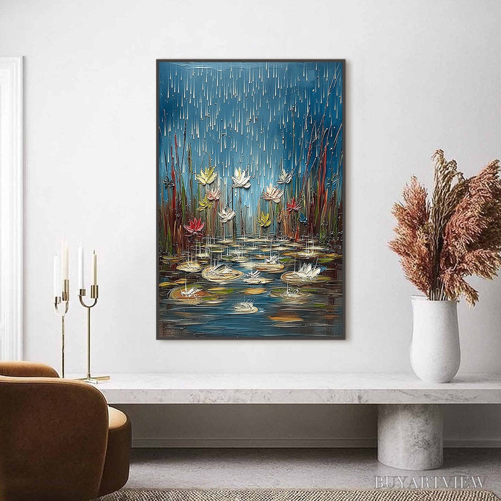 ARTOVITAS Petrichor Blossoms – Textured Impasto Painting of Water Lilies in the Rain - image 2