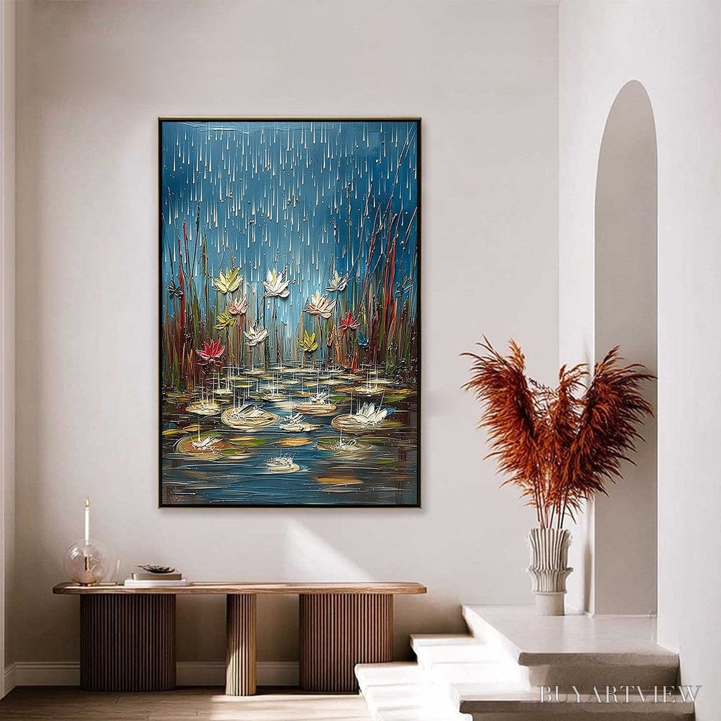 ARTOVITAS Petrichor Blossoms – Textured Impasto Painting of Water Lilies in the Rain - image 4