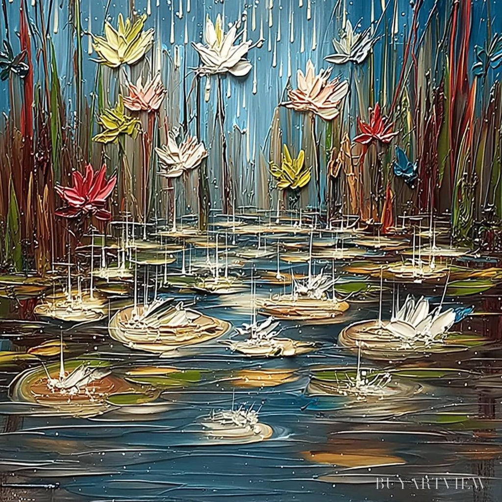 ARTOVITAS Petrichor Blossoms – Textured Impasto Painting of Water Lilies in the Rain - image 5
