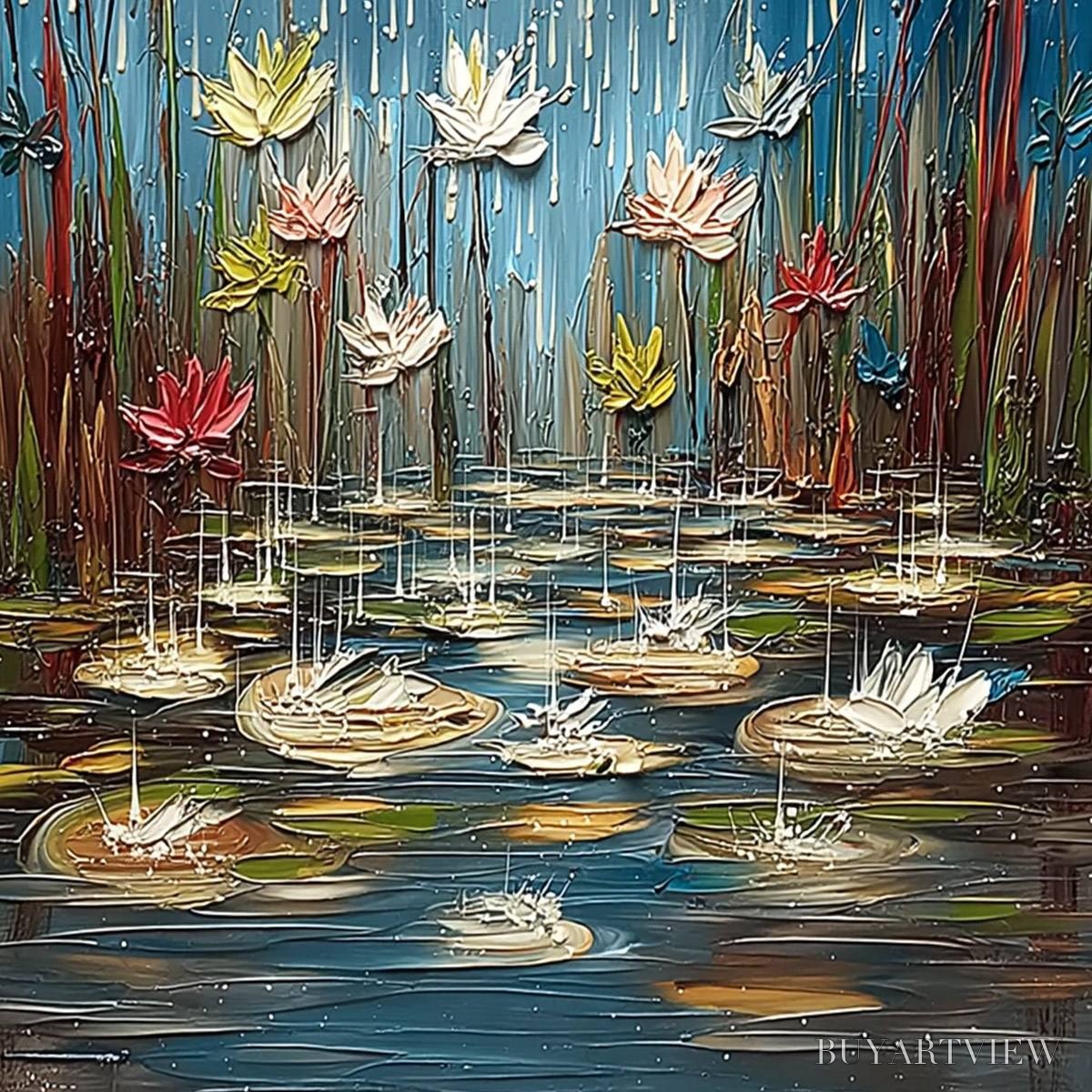 ARTOVITAS Petrichor Blossoms – Textured Impasto Painting of Water Lilies in the Rain - image 5
