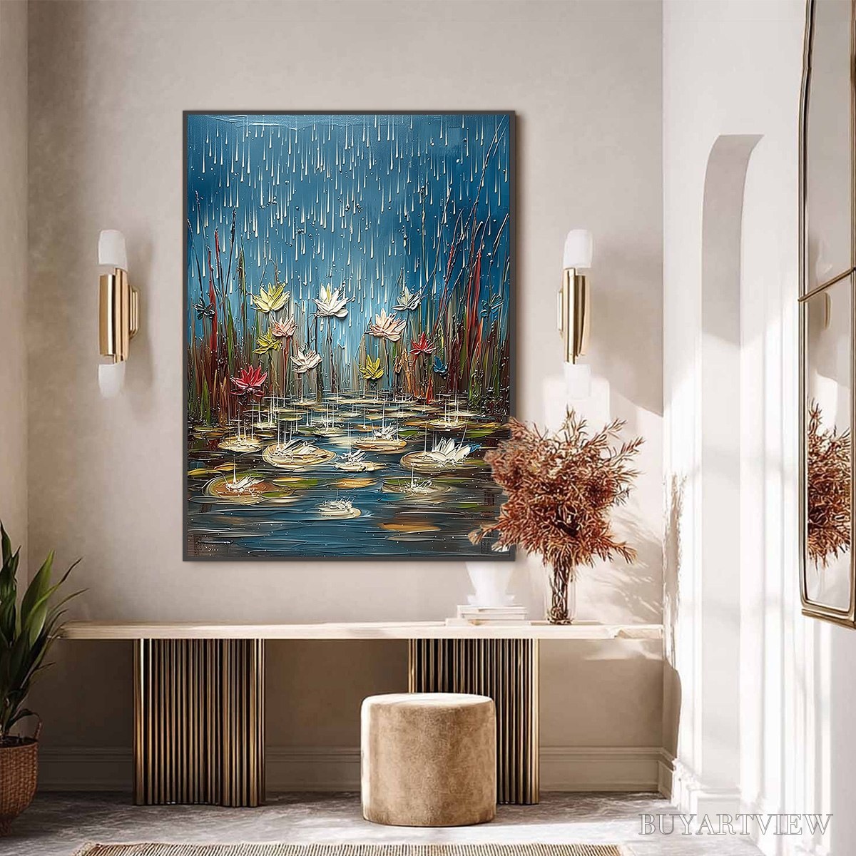 ARTOVITAS Petrichor Blossoms – Textured Impasto Painting of Water Lilies in the Rain - image 6