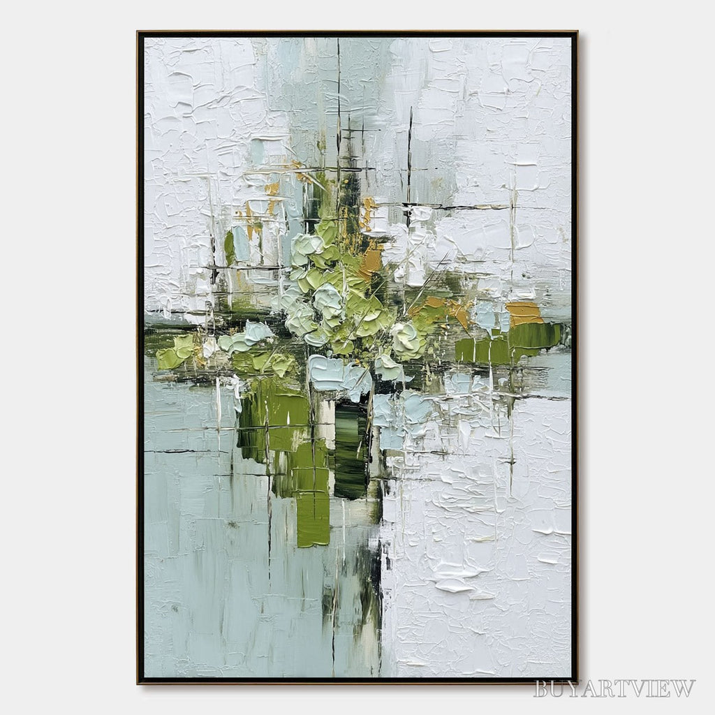 ARTOVITAS Verdant Sanctuary – Heavily Textured Abstract Green and White Painting - image 1