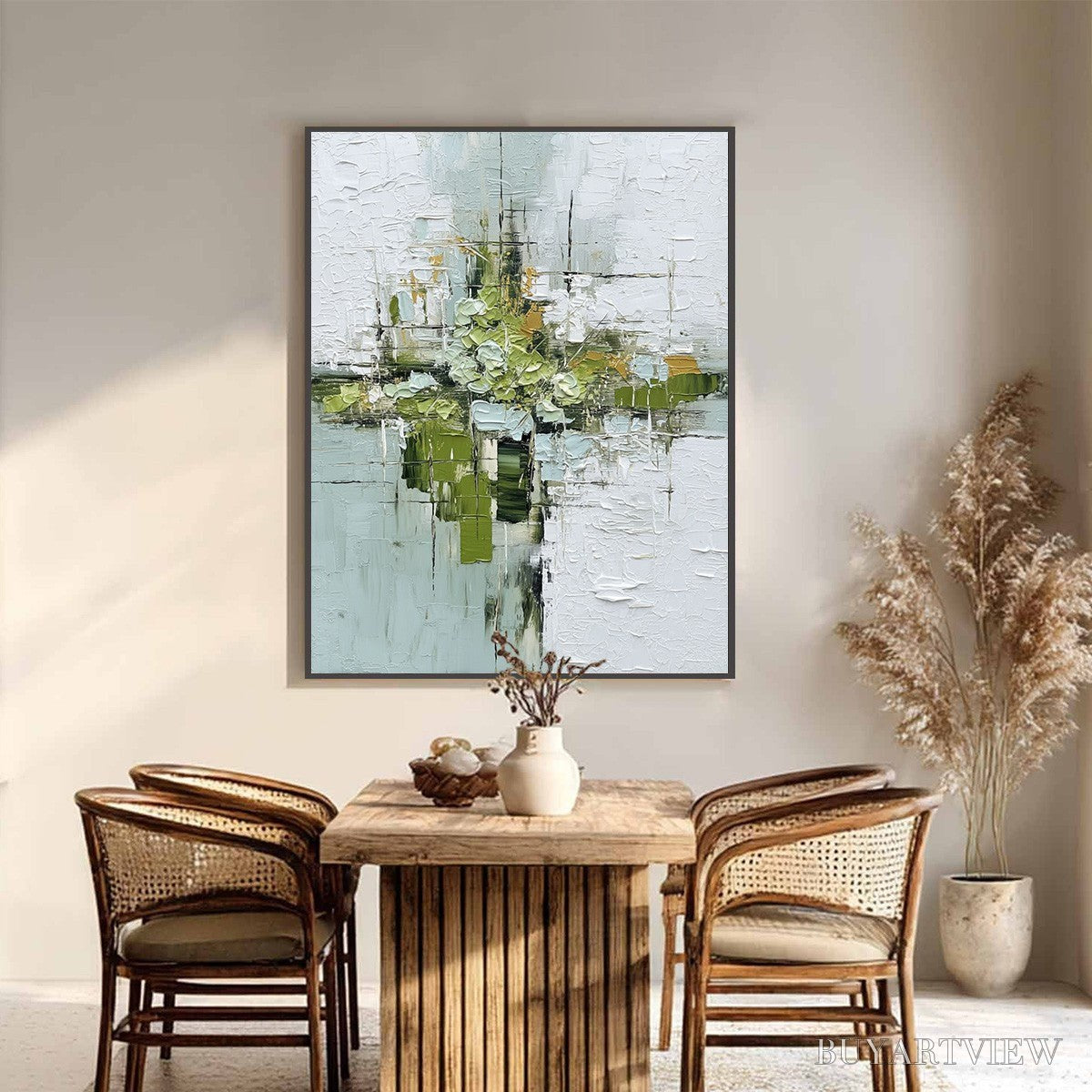 ARTOVITAS Verdant Sanctuary – Heavily Textured Abstract Green and White Painting - image 2