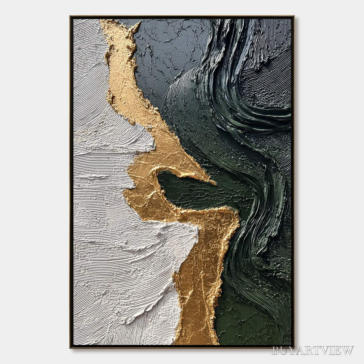 ARTOVITAS Veridian Rift – Large Vertical Textured Abstract Green and Gold Painting - image 1