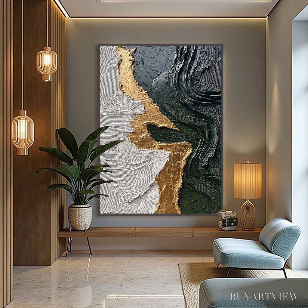 ARTOVITAS Veridian Rift – Large Vertical Textured Abstract Green and Gold Painting - image 2