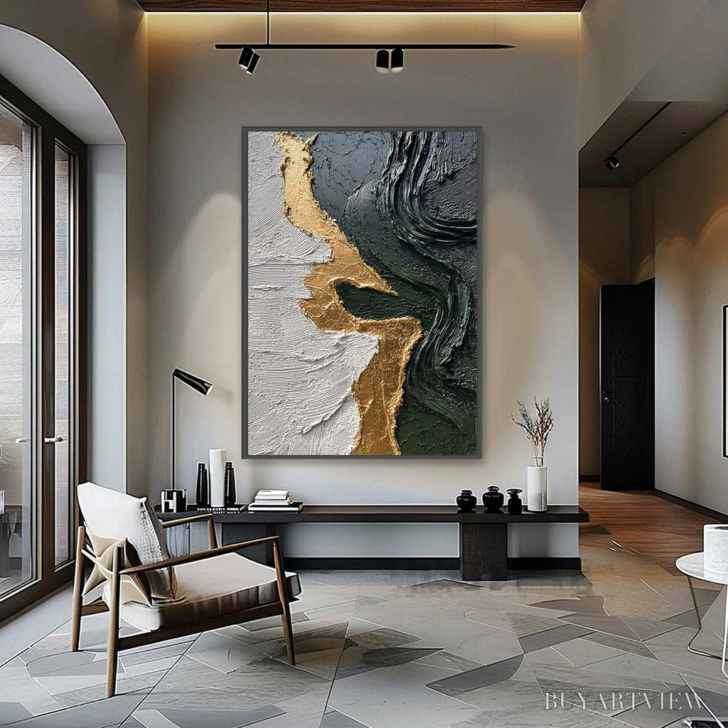 ARTOVITAS Veridian Rift – Large Vertical Textured Abstract Green and Gold Painting - image 4