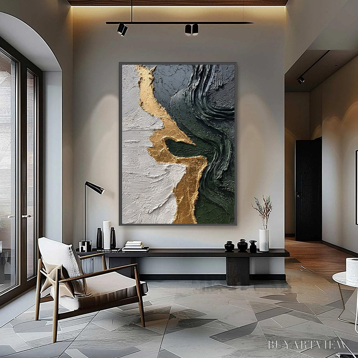ARTOVITAS Veridian Rift – Large Vertical Textured Abstract Green and Gold Painting - image 4
