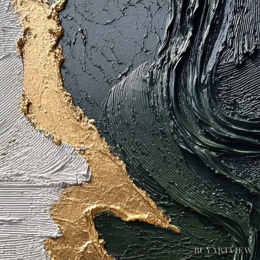 ARTOVITAS Veridian Rift – Large Vertical Textured Abstract Green and Gold Painting - image 5