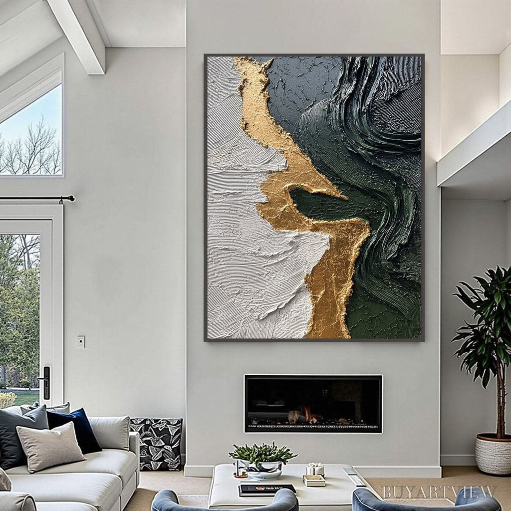 ARTOVITAS Veridian Rift – Large Vertical Textured Abstract Green and Gold Painting - image 6