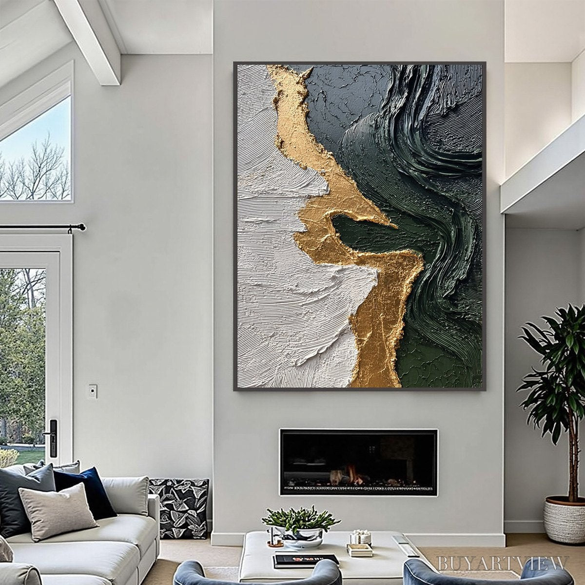 ARTOVITAS Veridian Rift – Large Vertical Textured Abstract Green and Gold Painting - image 6