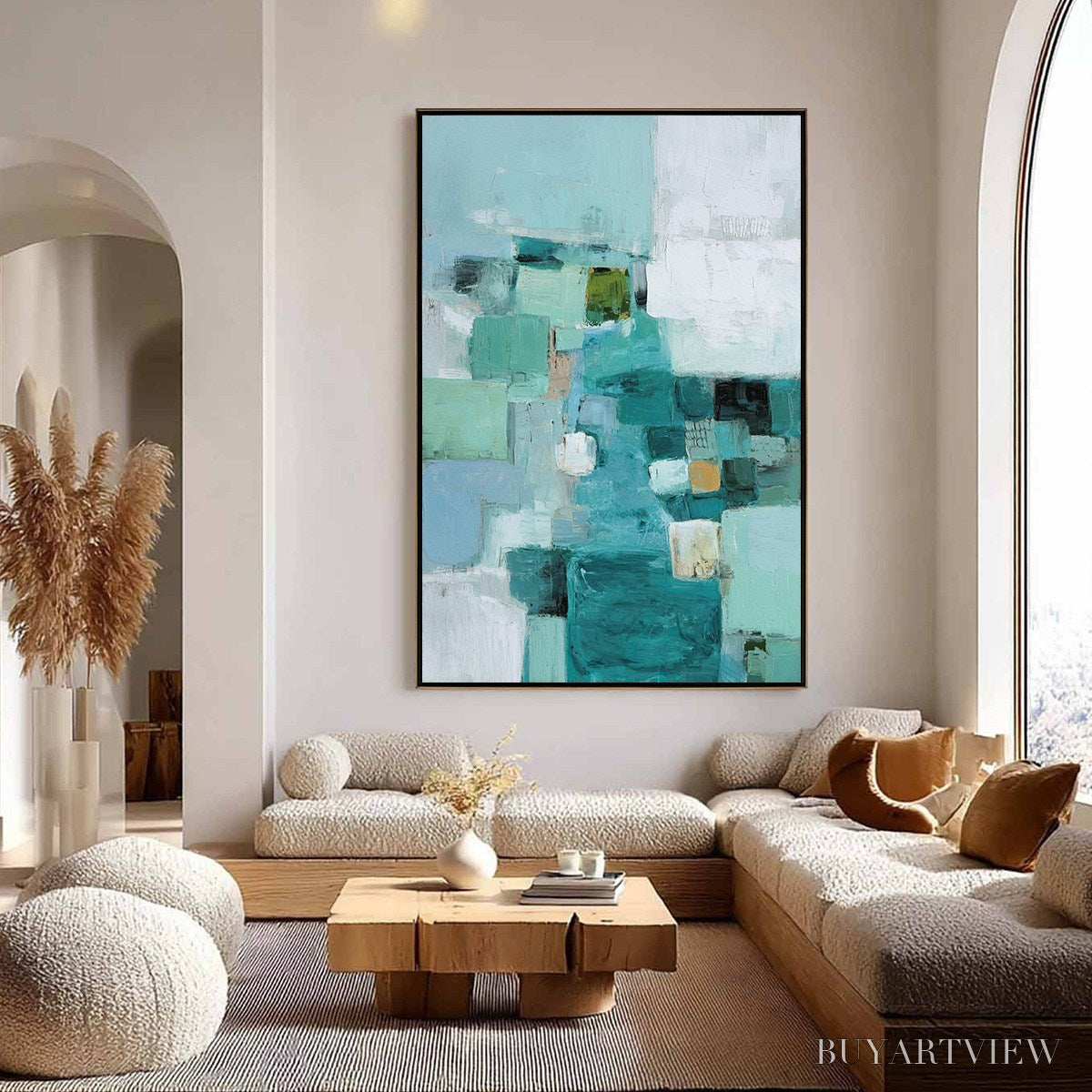 ARTOVITAS Coastal Mosaic – Textured Abstract Painting in Teal and Blue - image 4
