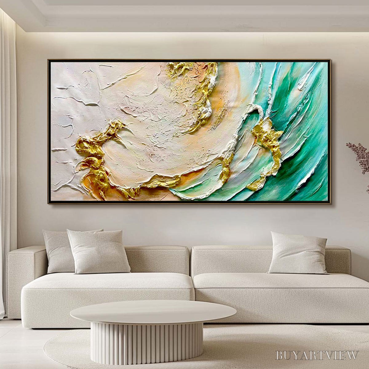 ARTOVITAS Ready to Ship | Jade Aurora – Abstract Gold-Green Impasto Oil Painting - image 1