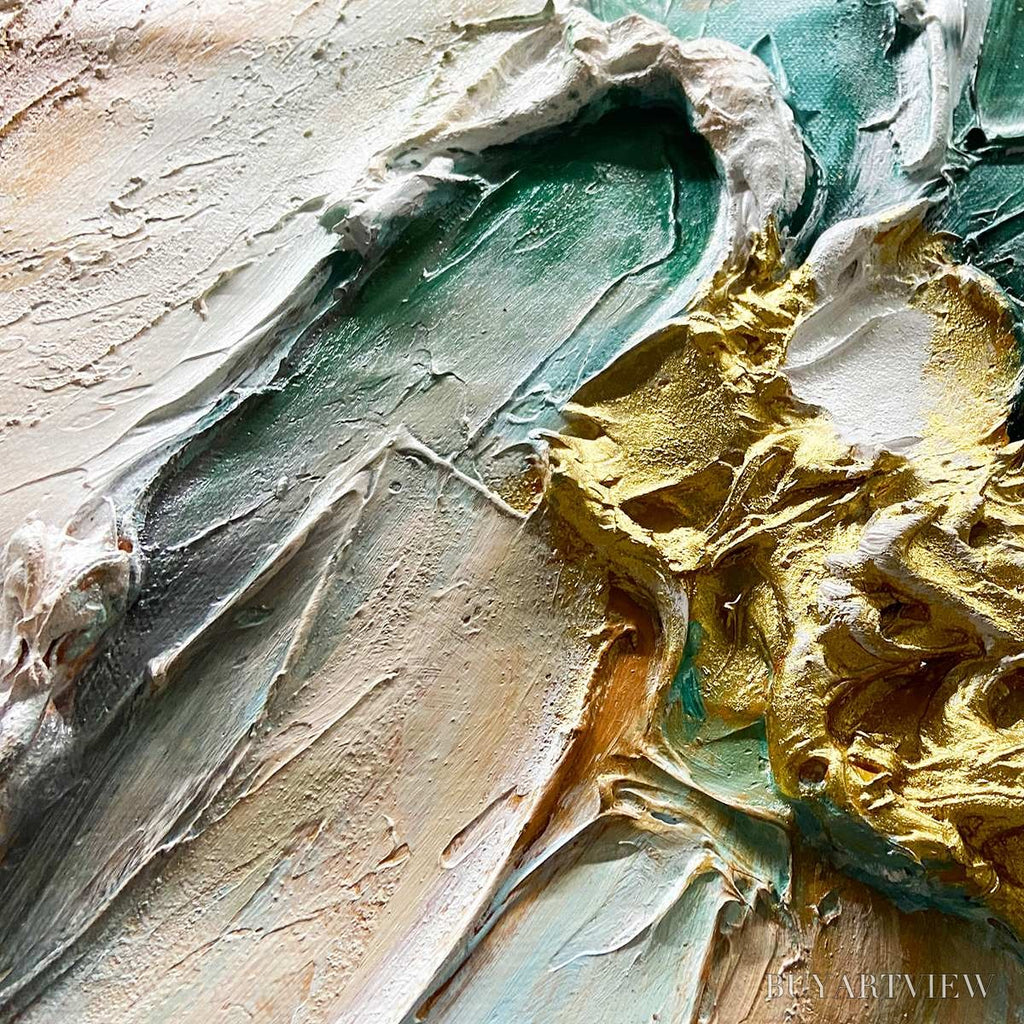 ARTOVITAS Ready to Ship | Jade Aurora – Abstract Gold-Green Impasto Oil Painting - image 2