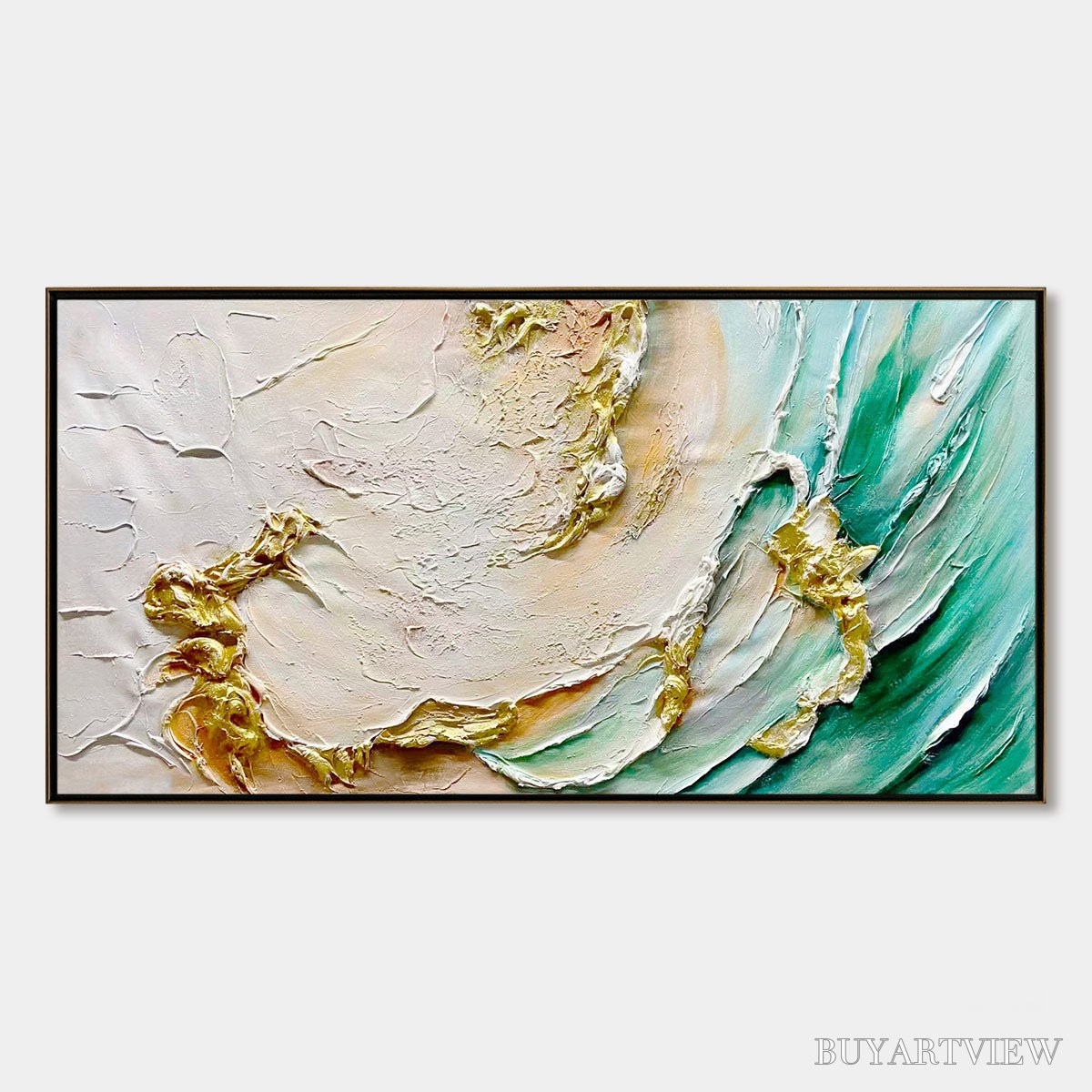 ARTOVITAS Ready to Ship | Jade Aurora – Abstract Gold-Green Impasto Oil Painting - image 3