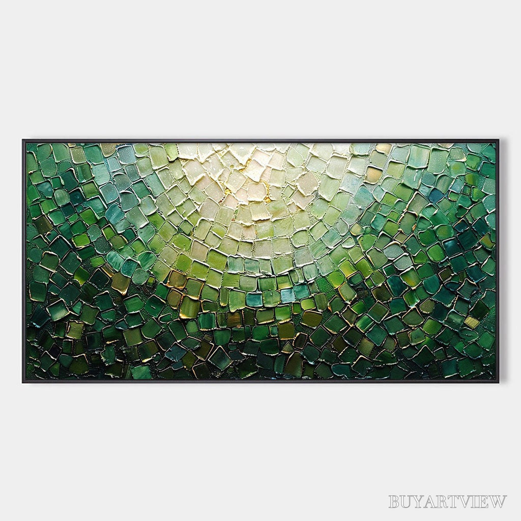 ARTOVITAS Emerald Mosaic – Textured Abstract Green and Gold Oil Painting - image 1