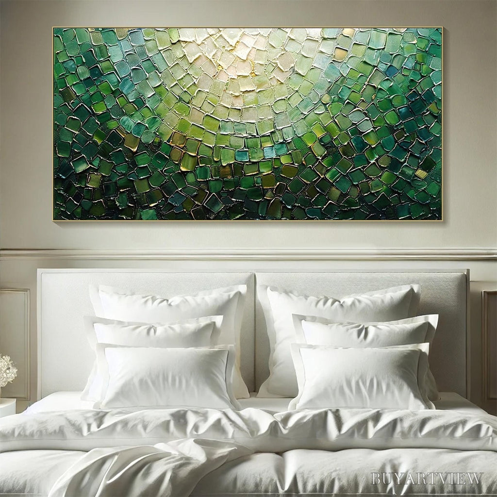 ARTOVITAS Emerald Mosaic – Textured Abstract Green and Gold Oil Painting - image 2