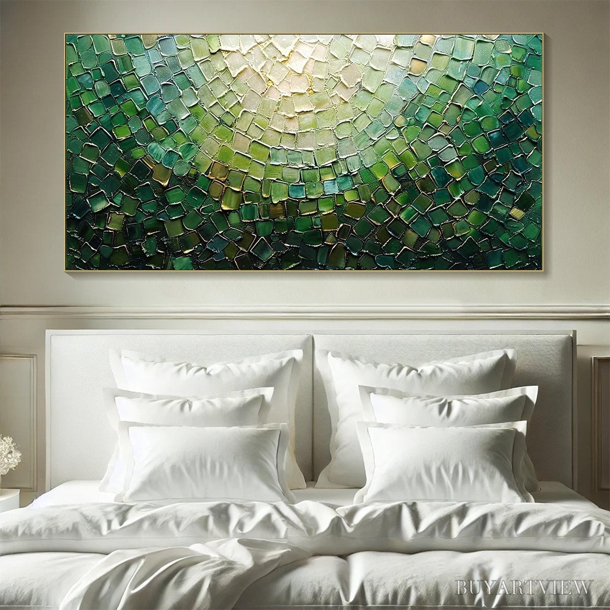 ARTOVITAS Emerald Mosaic – Textured Abstract Green and Gold Oil Painting - image 2