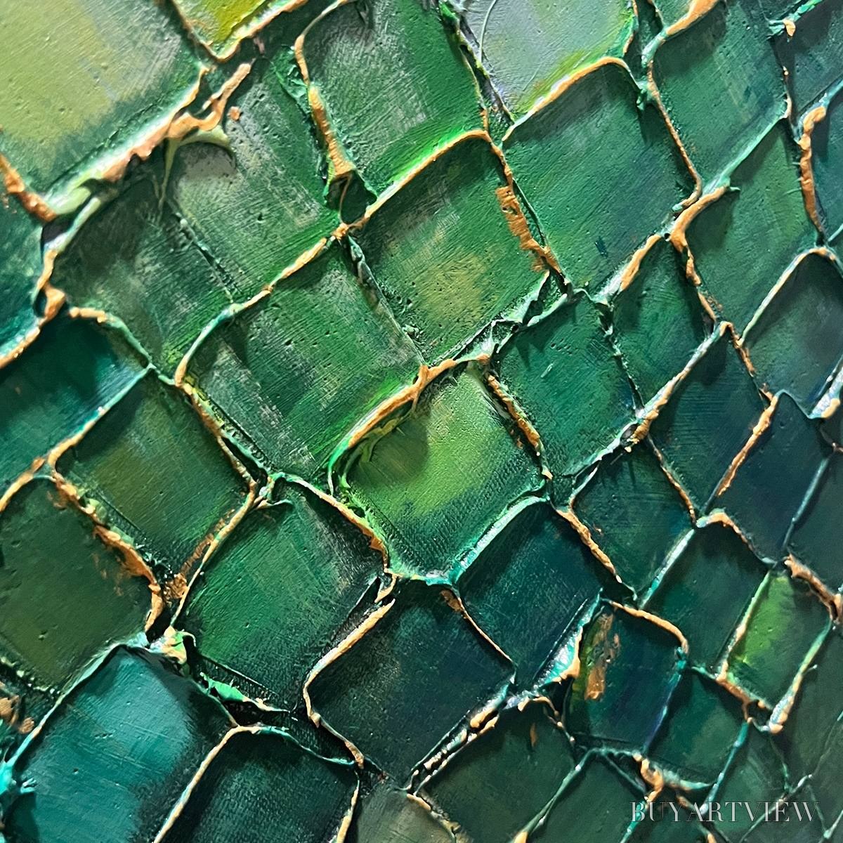 ARTOVITAS Emerald Mosaic – Textured Abstract Green and Gold Oil Painting - image 3