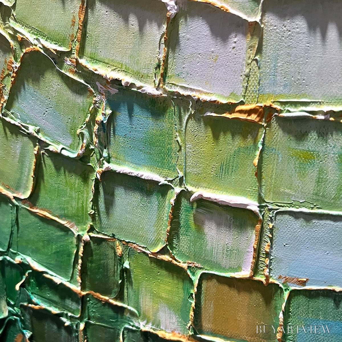 ARTOVITAS Emerald Mosaic – Textured Abstract Green and Gold Oil Painting - image 5
