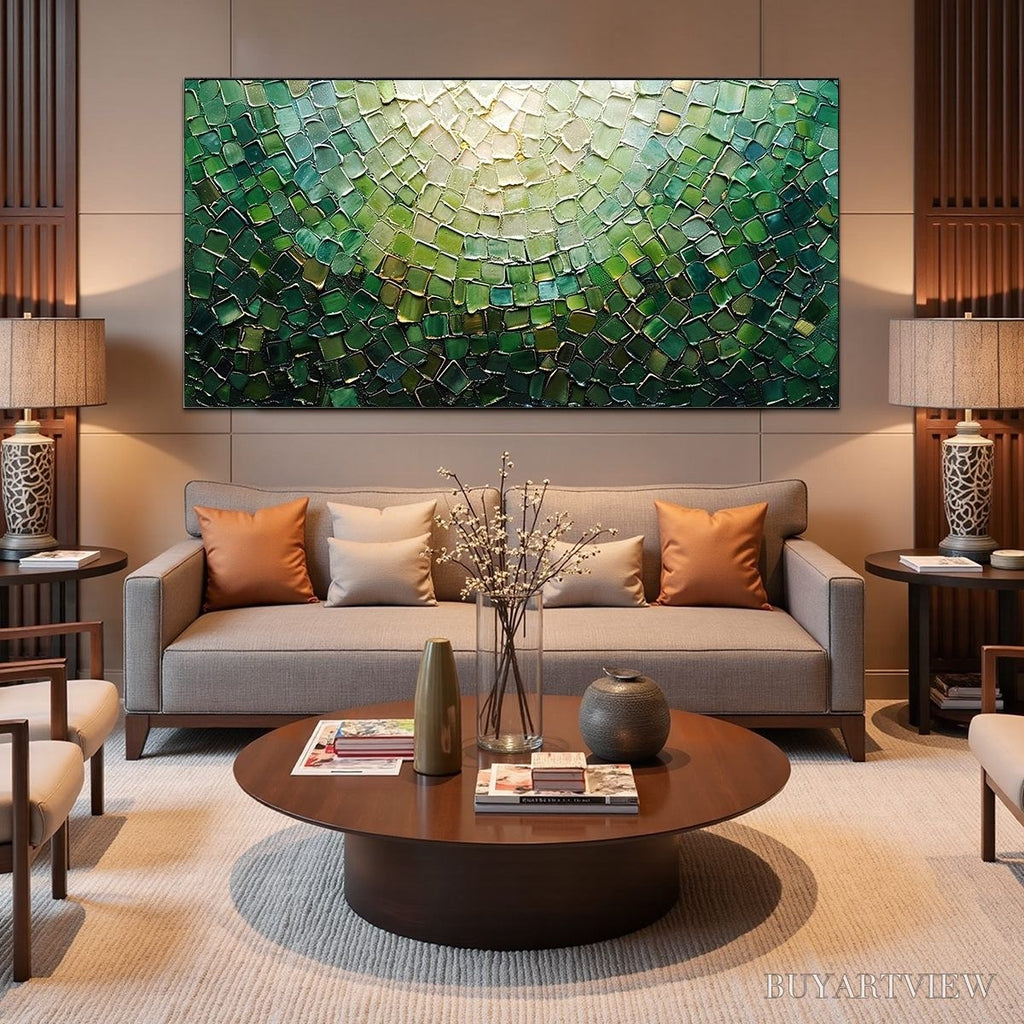 ARTOVITAS Emerald Mosaic – Textured Abstract Green and Gold Oil Painting - image 6