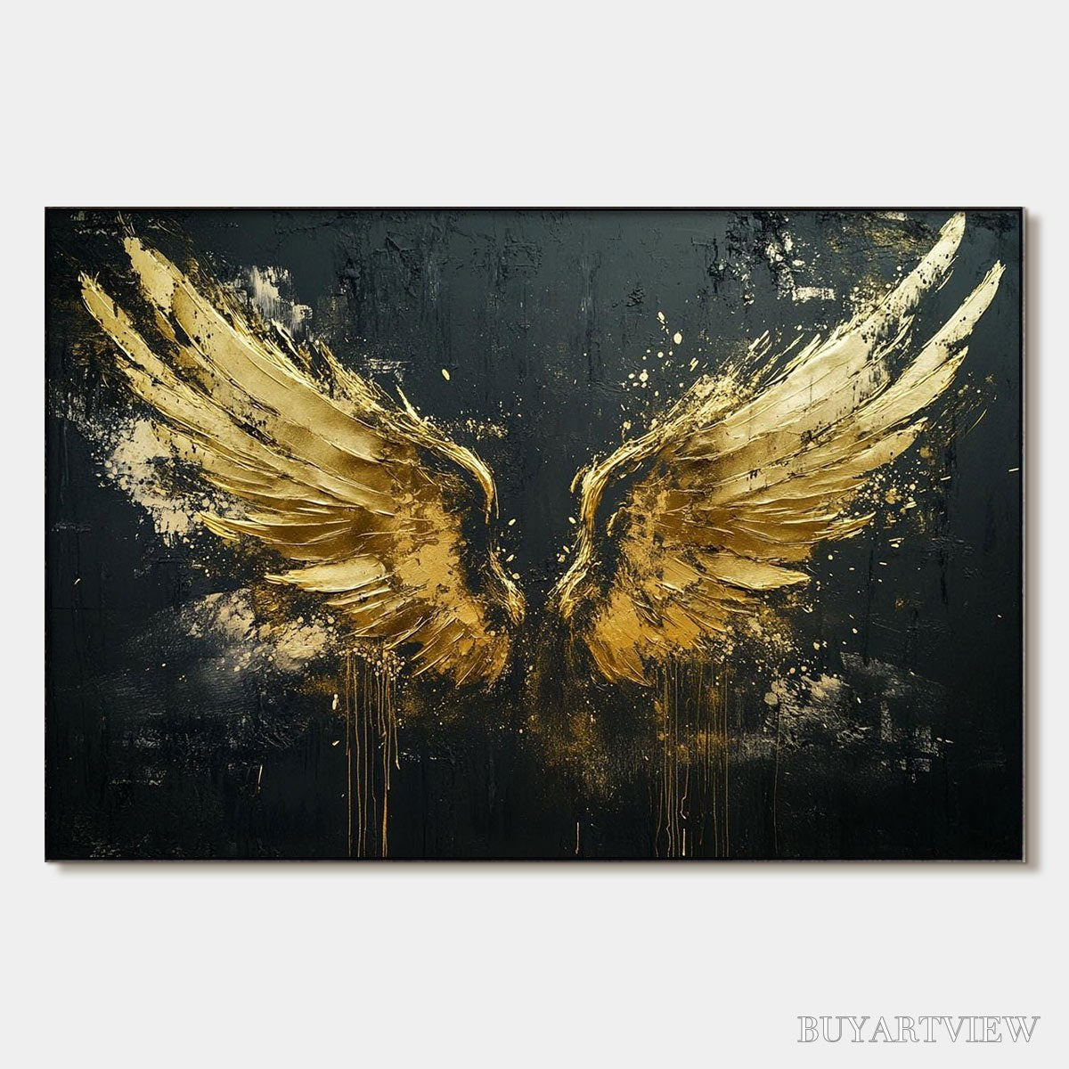ARTOVITAS Golden Ascension – Textured Gold Wings Oil Painting on Black Canvas - image 1