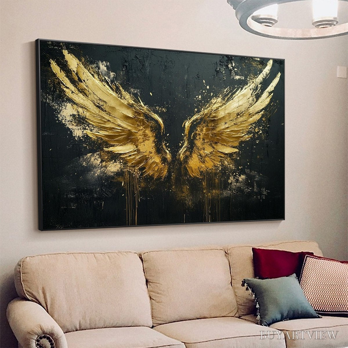 ARTOVITAS Golden Ascension – Textured Gold Wings Oil Painting on Black Canvas - image 4