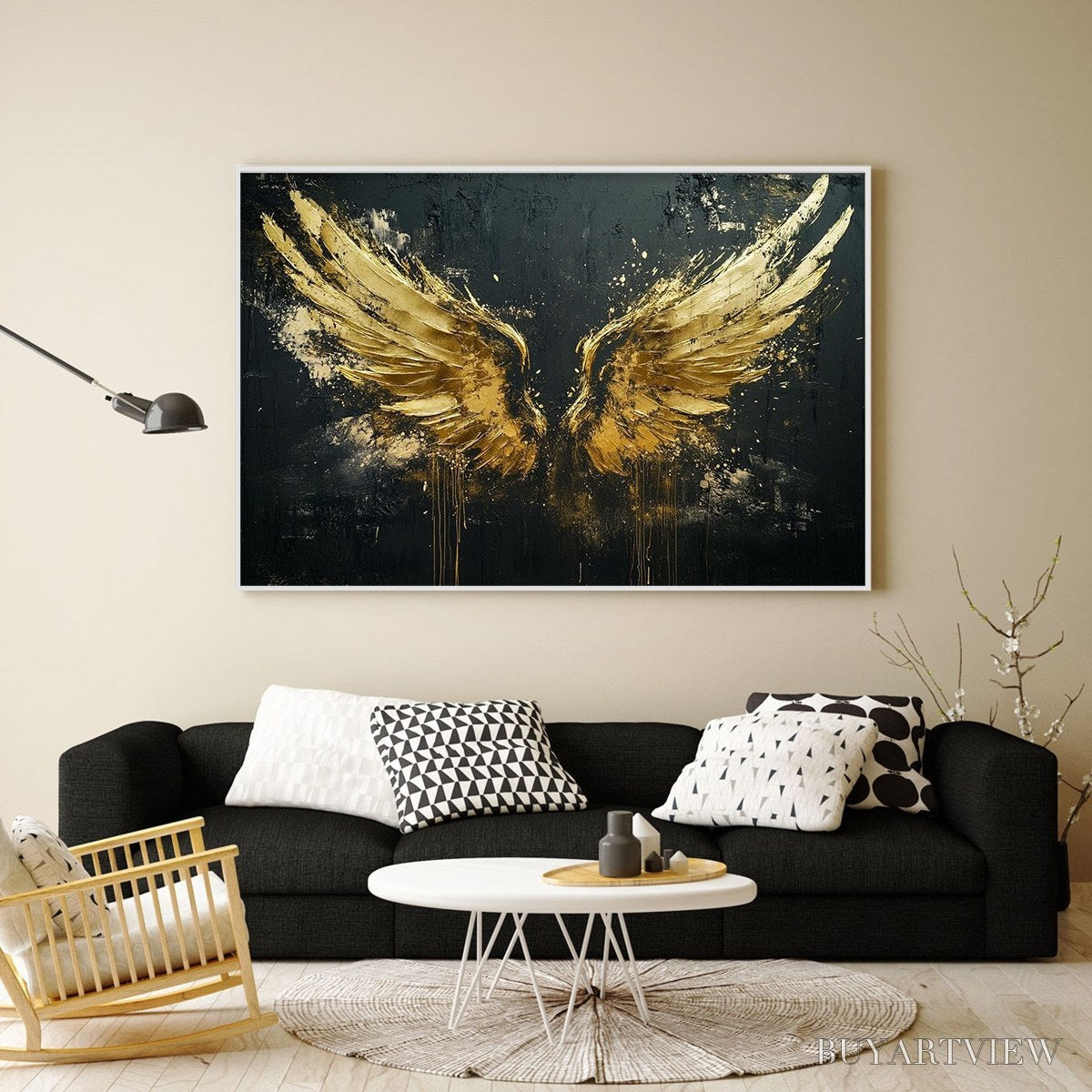 ARTOVITAS Golden Ascension – Textured Gold Wings Oil Painting on Black Canvas - image 5