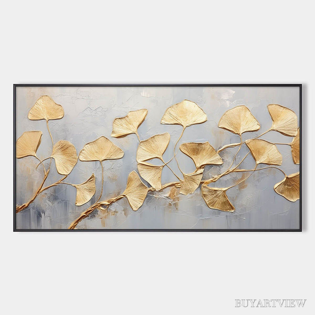 ARTOVITAS Golden Whispers – Textured Ginkgo Leaf Oil Painting in Gold - image 1
