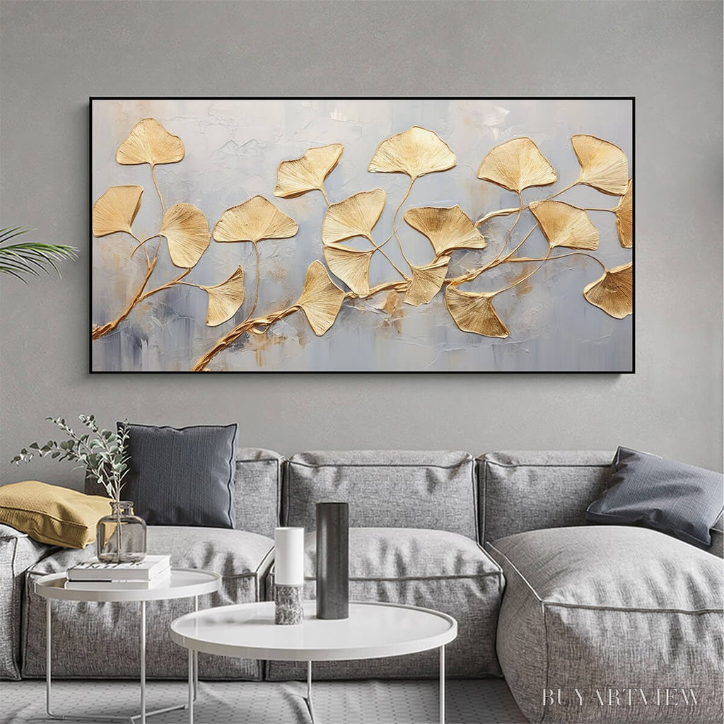 ARTOVITAS Golden Whispers – Textured Ginkgo Leaf Oil Painting in Gold - image 2