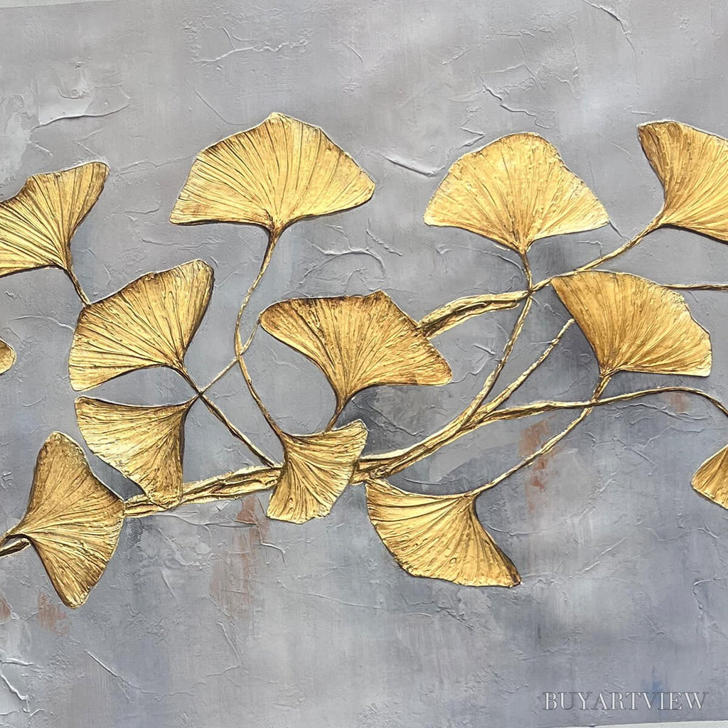 ARTOVITAS Golden Whispers – Textured Ginkgo Leaf Oil Painting in Gold - image 3