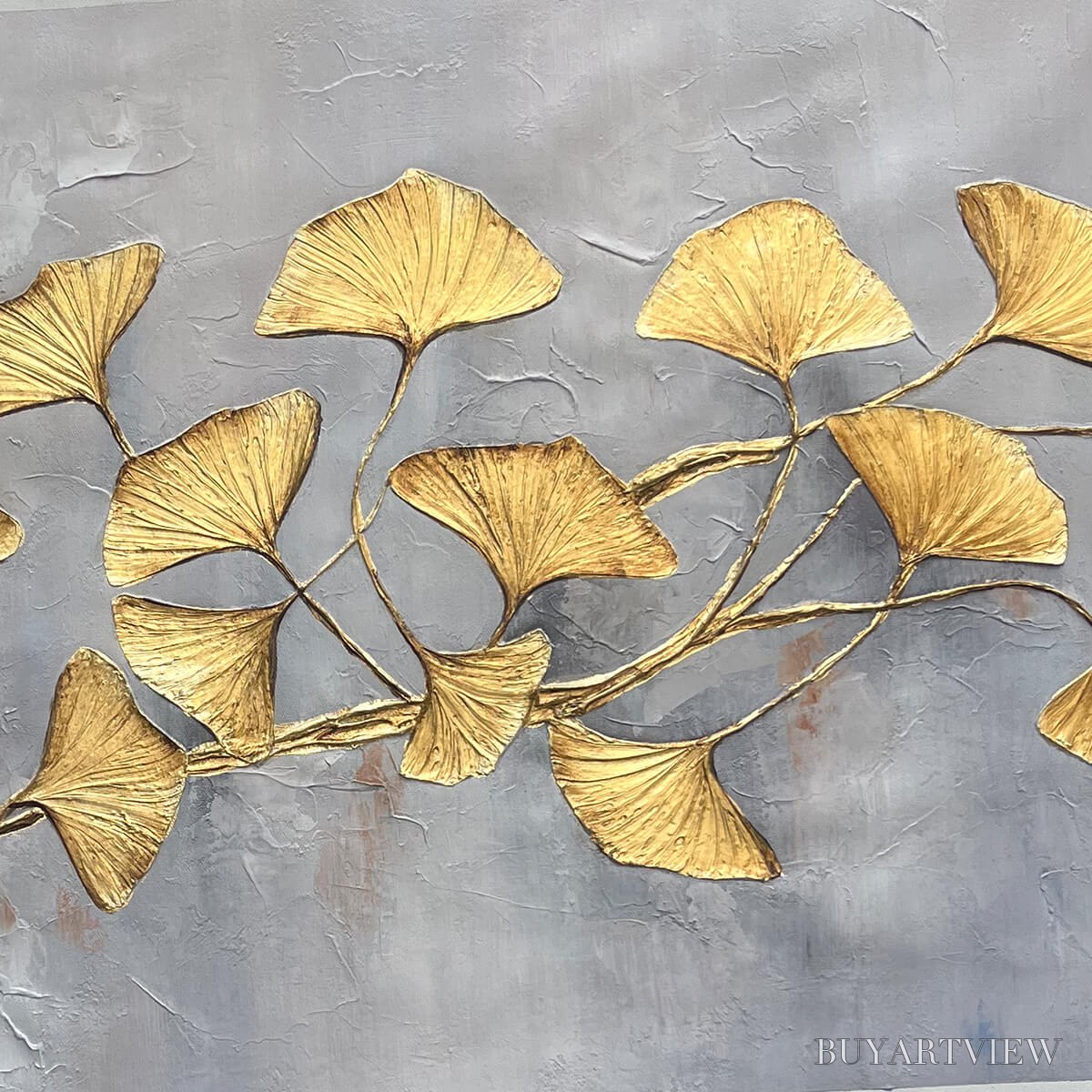 ARTOVITAS Golden Whispers – Textured Ginkgo Leaf Oil Painting in Gold - image 3