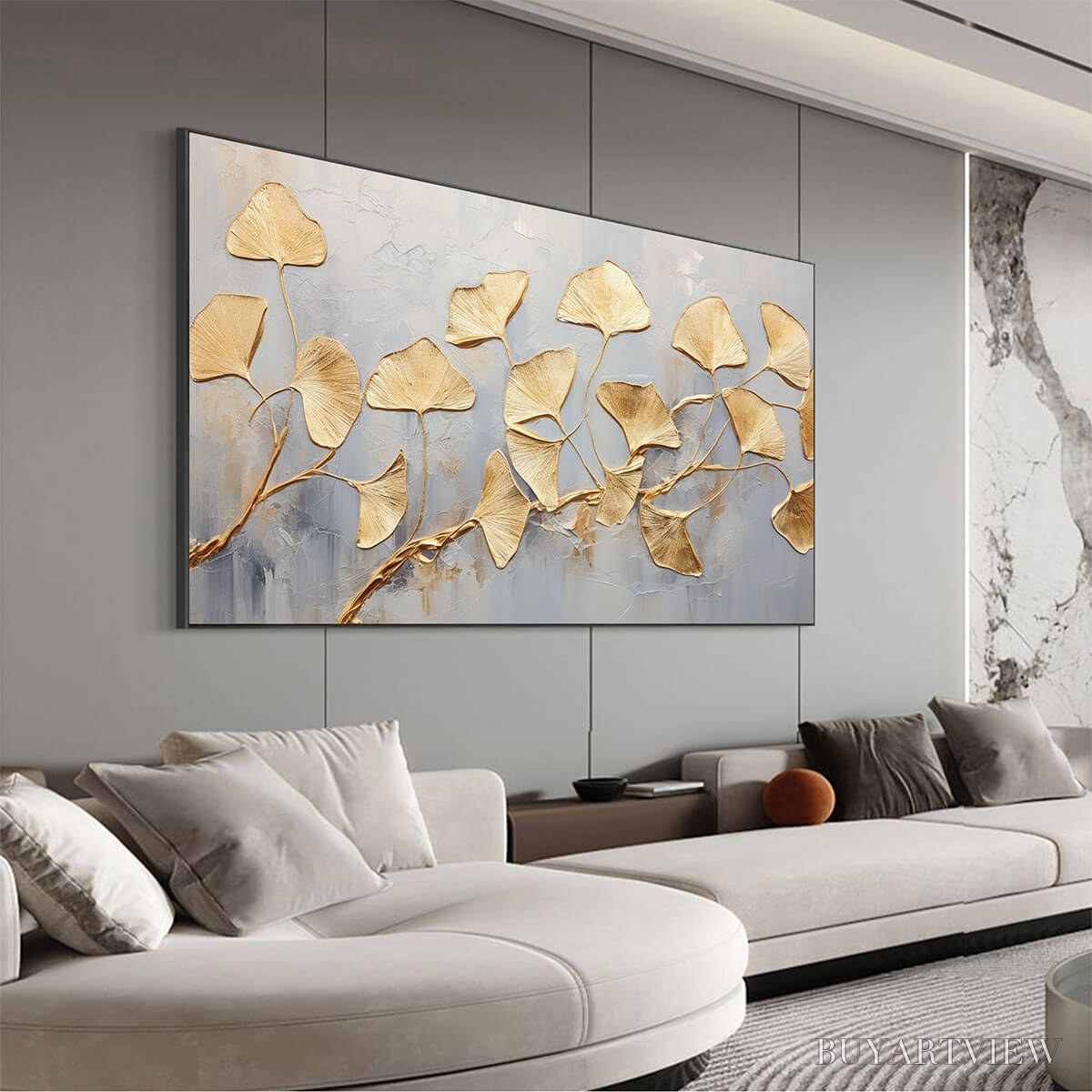ARTOVITAS Golden Whispers – Textured Ginkgo Leaf Oil Painting in Gold - image 4