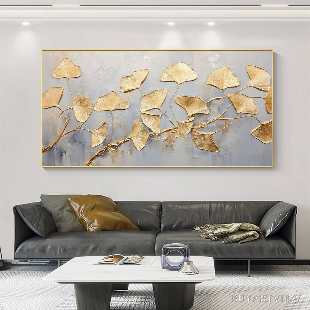 ARTOVITAS Golden Whispers – Textured Ginkgo Leaf Oil Painting in Gold - image 6