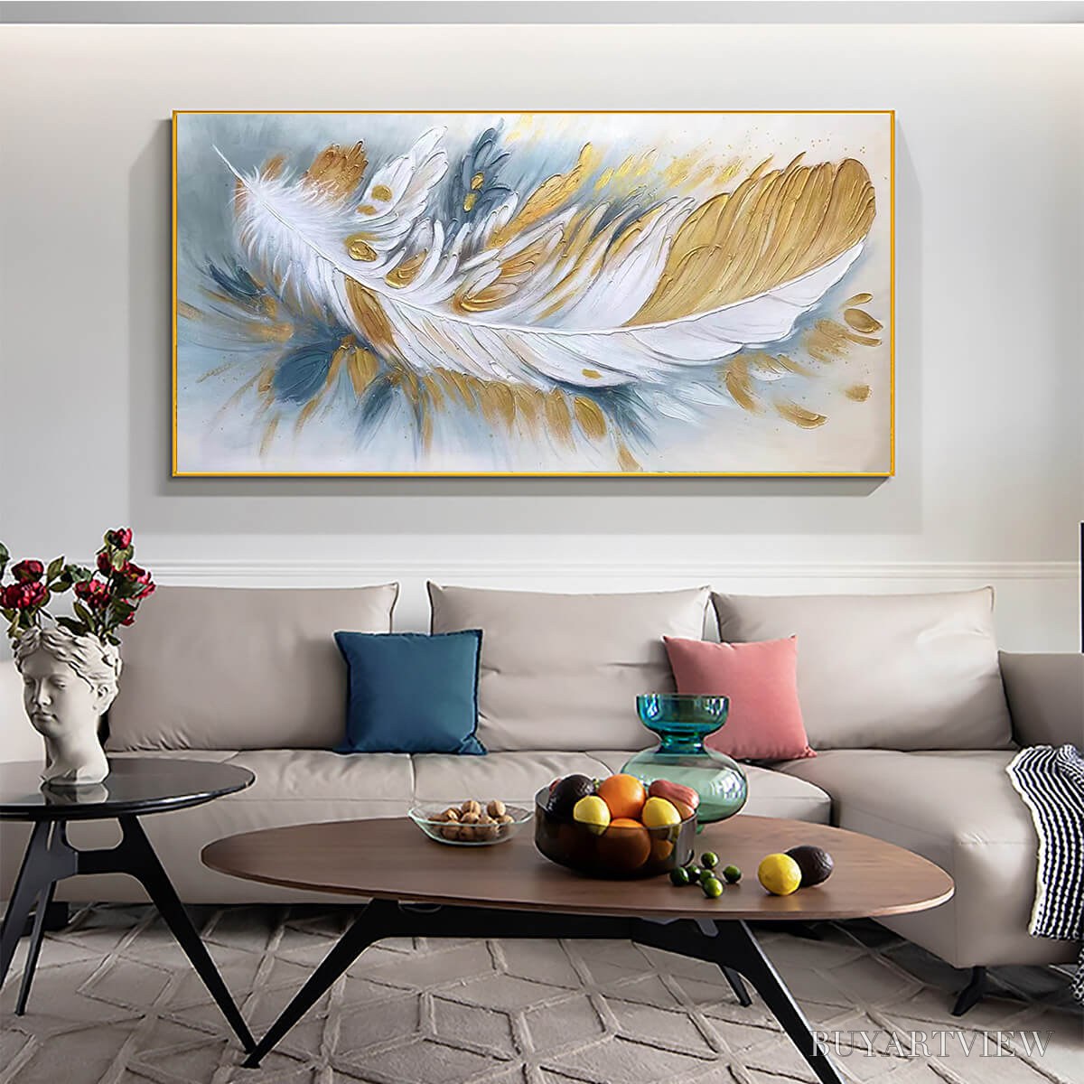 ARTOVITAS Gilded Plume – Textured Feather Oil Painting Canvas - image 2