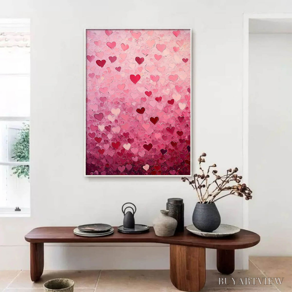 ARTOVITAS Heart Rain – Textured Impasto Abstract Oil Painting in Pink and Red - image 2